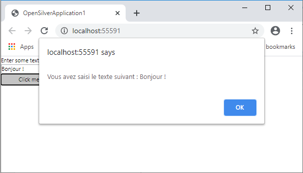 application displaying a message in the browser