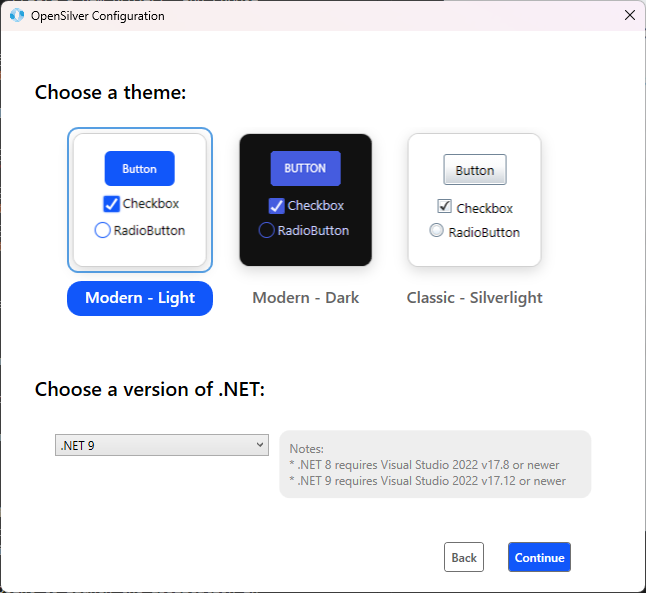 OpenSilver Configuration Window