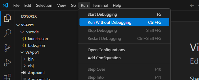 VS Code Run Menu