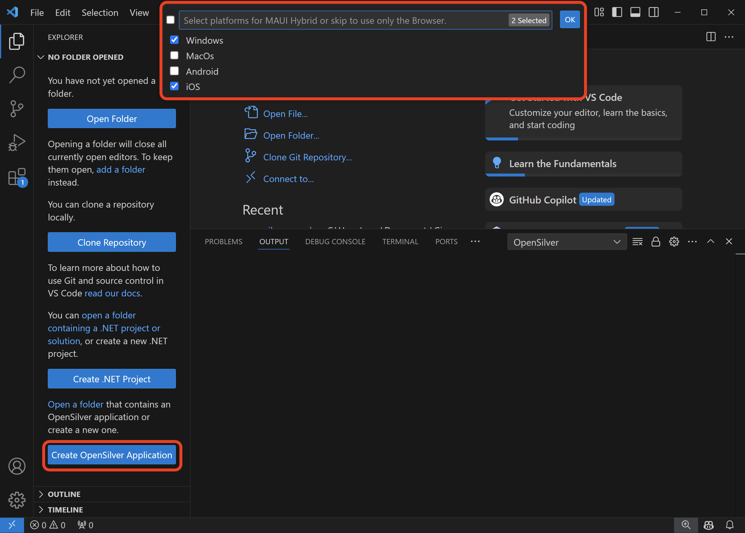 Create a new OpenSilver application in VS Code