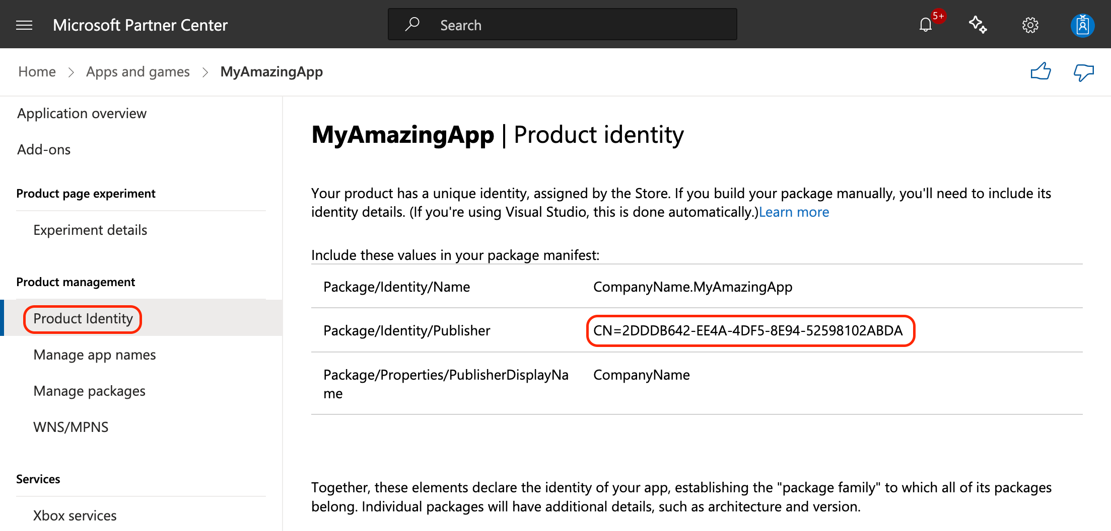 Microsoft Partner Center. Product identity
